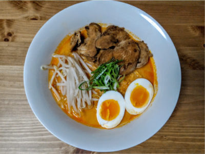White Broth Chicken Ramen: Soy milk and apple juice was used for pork broth and sake substitutes