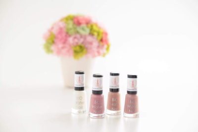 From left : Light Apricot, Empire Rose, Coral Pink, and top coat